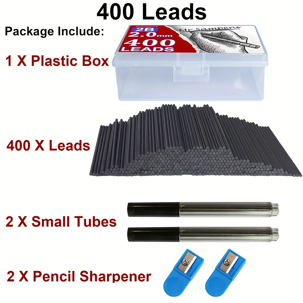 TEMU 400 Leads Refills For 2b Pencils - 2.0mm Hb Graphite Replacement Lead Core, Resin Material With 2b Hardness, Compatible With Mechanical Pencils