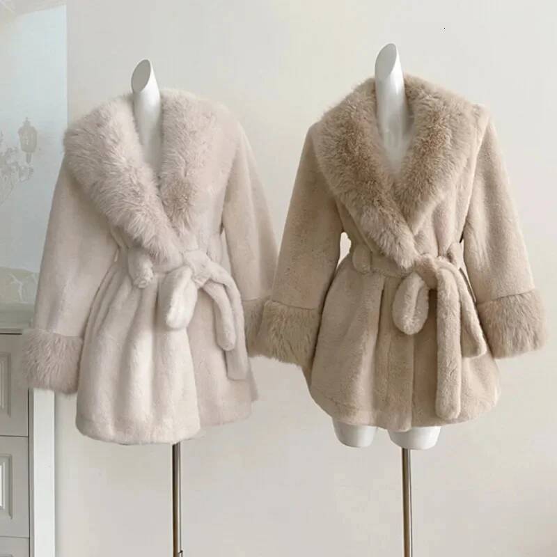 Winter Women Faux Furs Jackets Coats With Belt Elegant Waist Hing Slimming Fur Big Collar Thickened Warm Outerwear