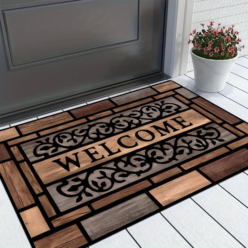 TEMU 1pc Rustic Wood Grain Welcome Doormat - Durable, Anti-slip Rubber Non-woven Fabric With Pvc Backing, Stylish Brown Pattern Floor Mat For Home