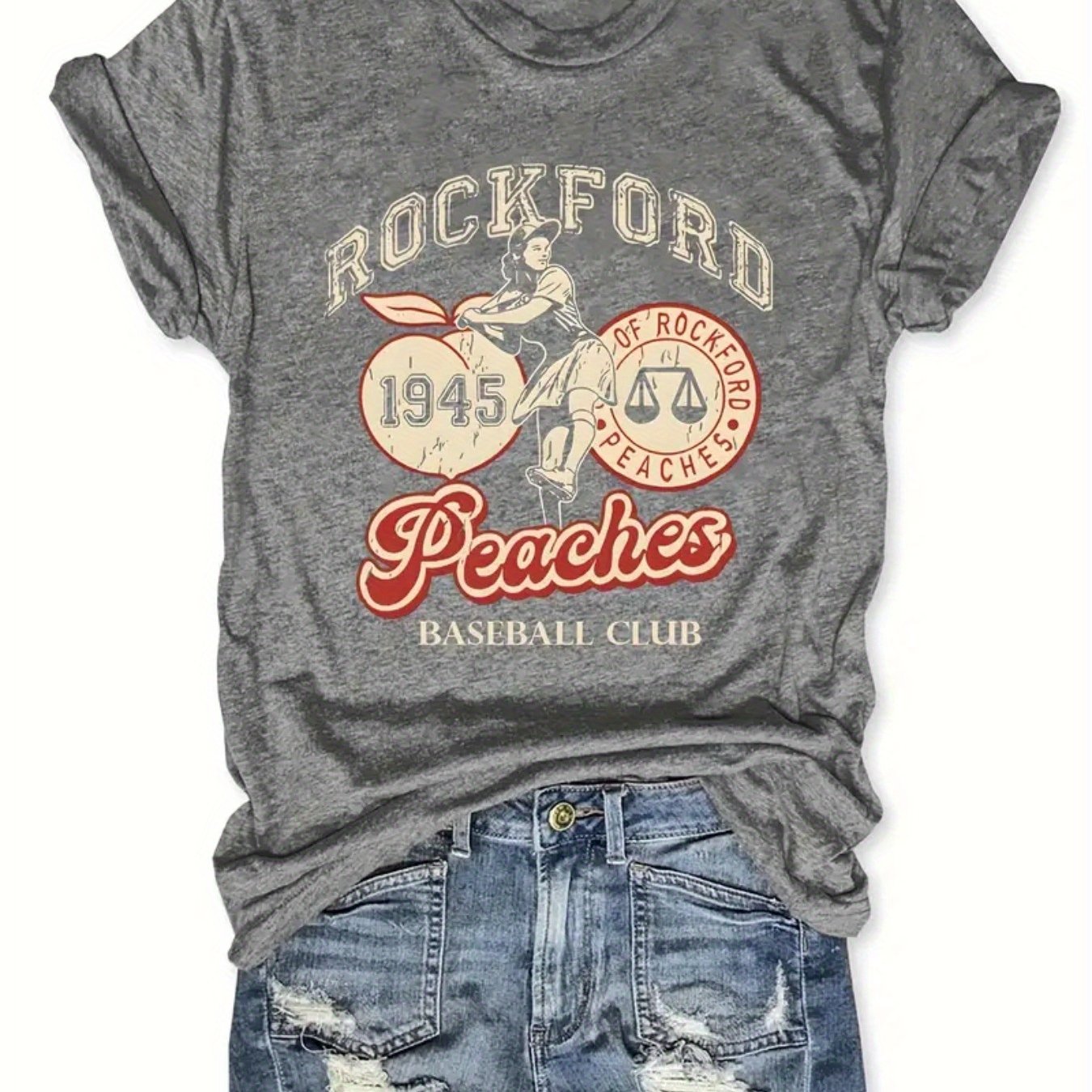 TEMU Peaches Vintage Graphic T-shirt For Women - Retro Style Tee Featuring 1945 Design - Perfect For Sports Fans, Casual Outfits, And Style -