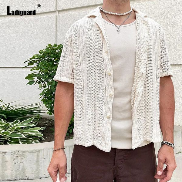 Europe 2024 Summer Knitting Blouse Solid White Hollow Out Shirt Camisa Mens Casual Beach Top Cardigans Lepal Collar Knitwear 240828