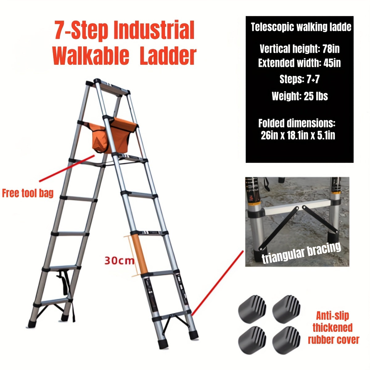 TEMU Telescopic Ladder, Step Ladder, Telescoping A Frame Ladder, Step Ladders For Home, Collapsible Folding Ladder, Load 350lbs, Rv Ladder, Roof