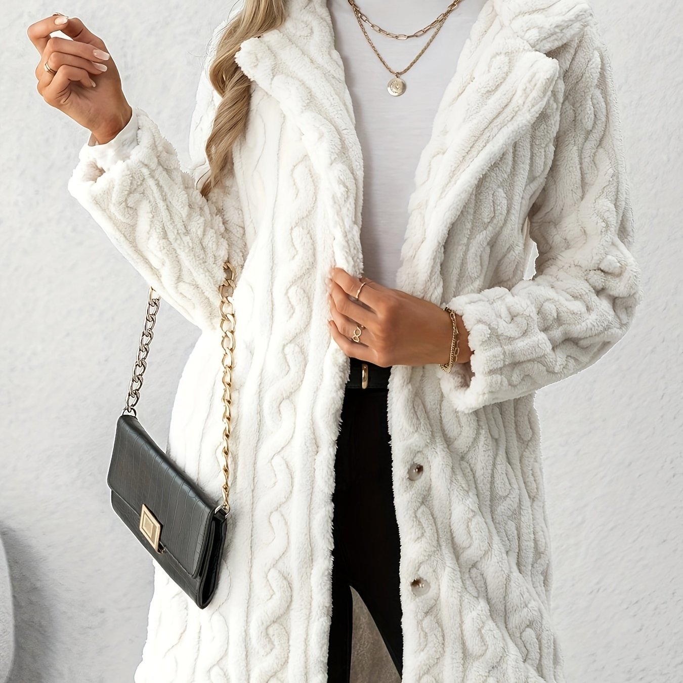 TEMU Women's Dual-sided Plush Mid-length Casual Cardigan - Soft Fur Lining, Machine Washable Button Front Jacket For Fall-winter, Chic Layering Piece
