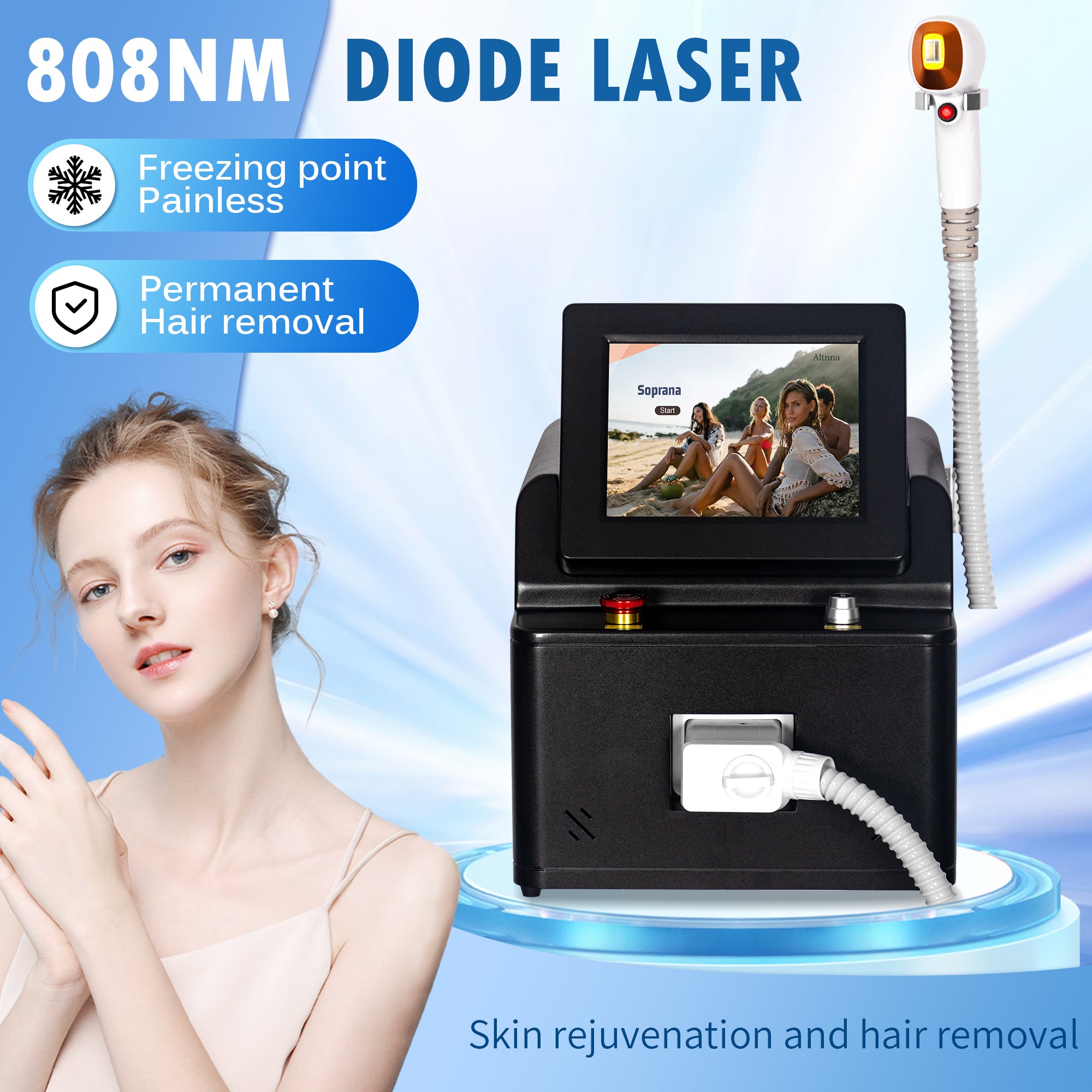 Diode Laser Hair Removal Equipment Incorporating Ice Cooling Technology for Safe and Comfortable Hair Removal Across Different Body Areas