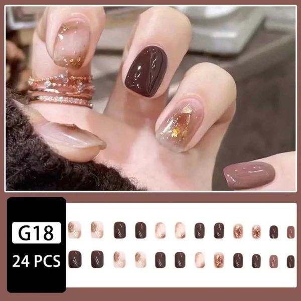 Autumn Brown Cute Glossy Acrylic Fake Press On Nails for Women Girls Short Square False Nails with Design Full Cover Stick OnT250120
