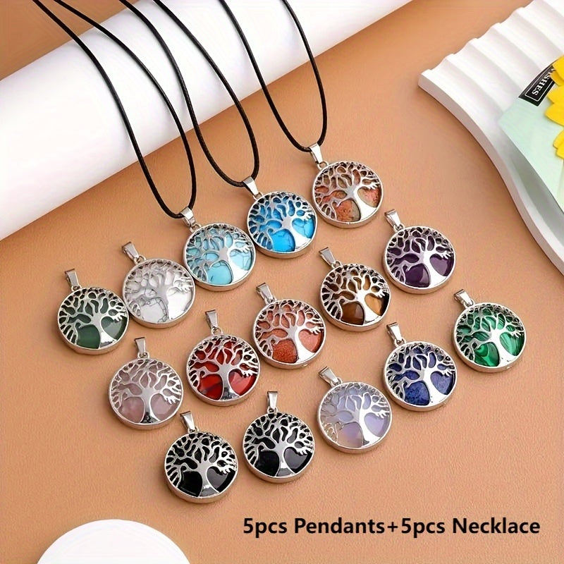 TEMU 20pcs Natural Of Life Pendant With Black Synthetic Necklace- Handmade Jewelry Accessories, Suitable For Diy Crafts, Valentine's Day Graduation