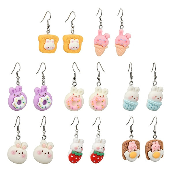 8 paire de boucles d'oreilles pendantes en résine de lapin
