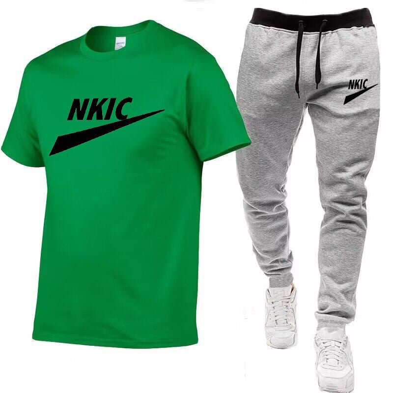 New Summer Clothes Fashion Man Tracksuits Brand LOGO Print Solid Color Sleeve T Shirt Trousers Suit Long Pants Street Clothes Men Clothing Set Plus