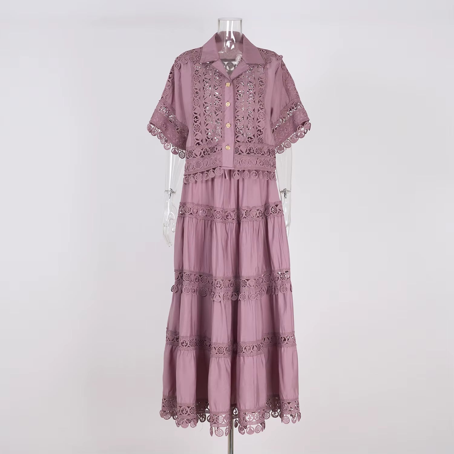 Hollow Out Long Dresses Two Piece Set Women&#039;s 2025 Summer Holiday Embroidery Lace Crop Tops Maxi Skirts Suits Jackets