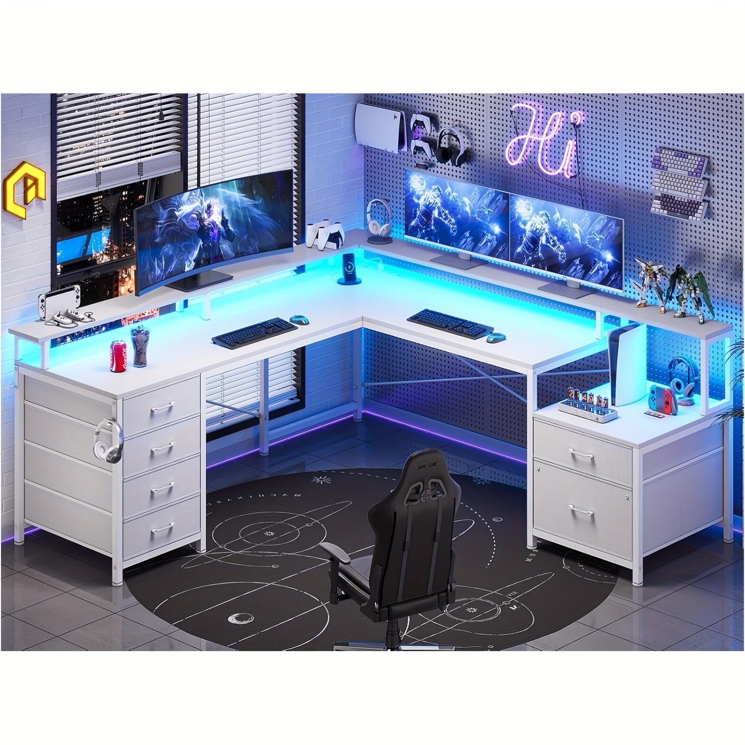 TEMU Computer Desk In L Shape With 6 Drawers, Led Lights And Monitor Stand