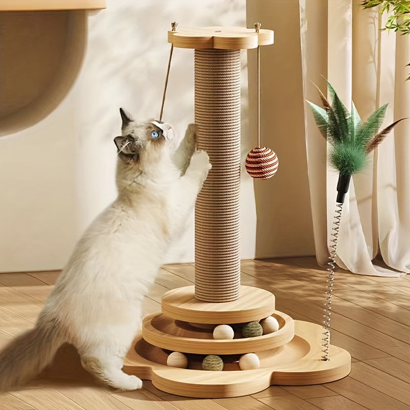 TEMU Floral Solid Wood Cat Scratching Post, For Indoor Cat Claw Sharpening Scratching Post With Sisal Rope, Feather Spring Teaser, Cat Entertainment