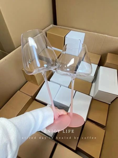 French Pink Frosted Gradient Pink Stem Goblet Wine Glasses Champagne Glasses Crystal Glasses Bar Utensils 240716