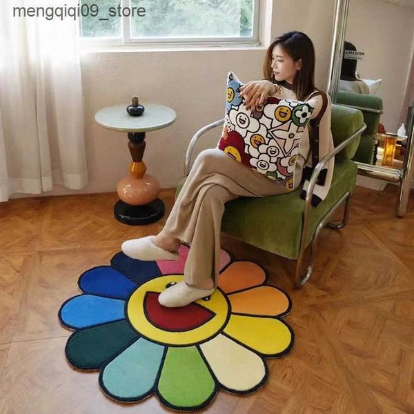 Carpets Colorful sunflower shaped carpet printing soft bedroom bedding childrens anti slip baby game mat floor mat living room mat L240910