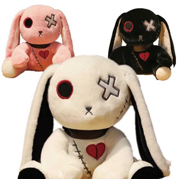 Plush Dolls Dark Devil Black Rabbit Plush Toy Cross Eyes Punk Lolita Pink Bunny Stuffed Animals Broken Heart Stitched Rag Doll Girl Gift z24