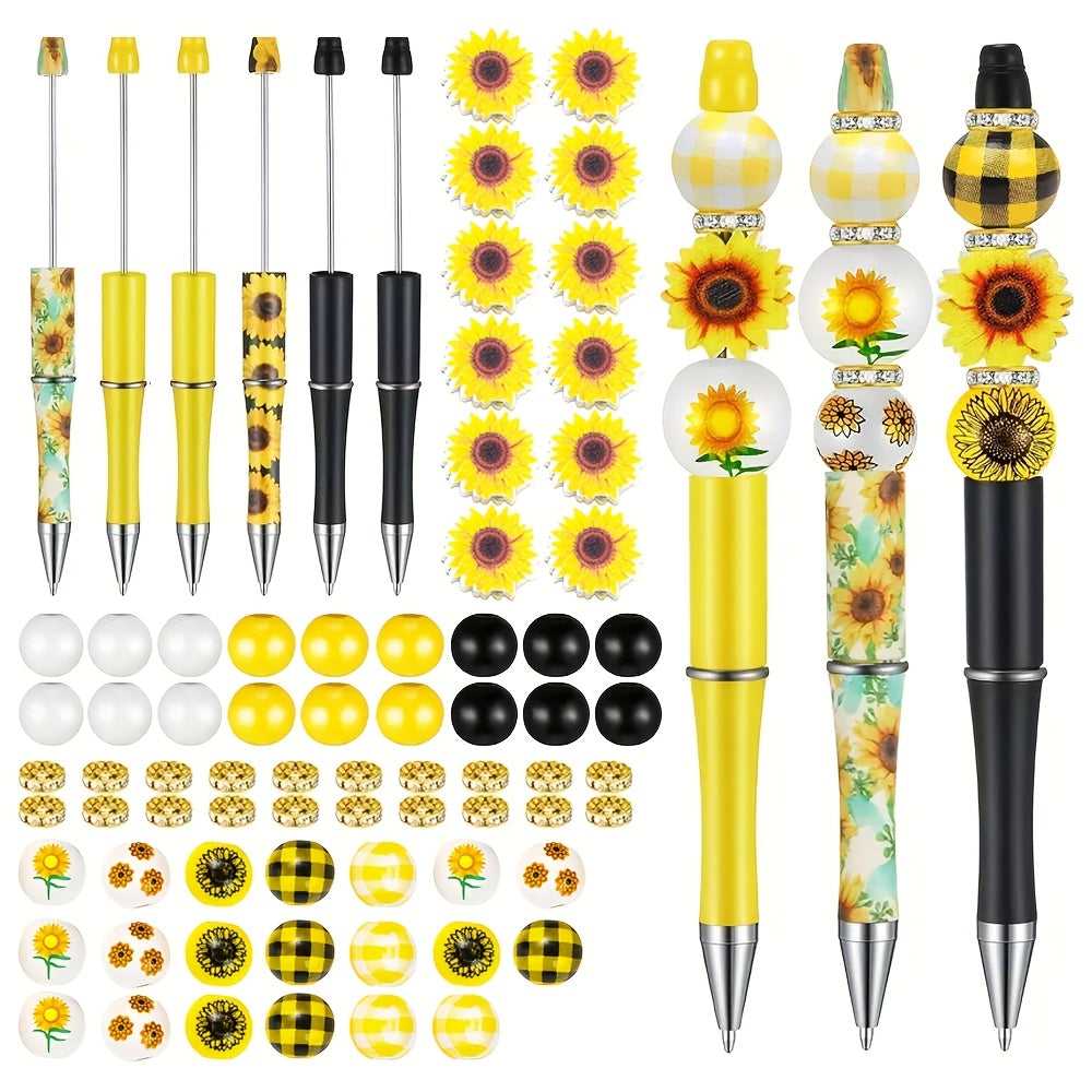 TEMU 76pcs Diy Beadable Pens Kit With Sunflower Beads, Spacers & Plastic-green Beads - Ballpoint-pen Refills, Bead-by- For -making Style Pens - Craft