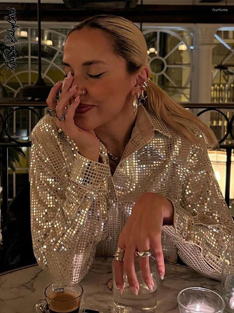 Women&#039;s Two Piece Pants Sequins Blouse Shirts Long Sleeve Top Button Up Shirt Y2K Clothes Club Party Women Autumn Winter Streetwear Glitter