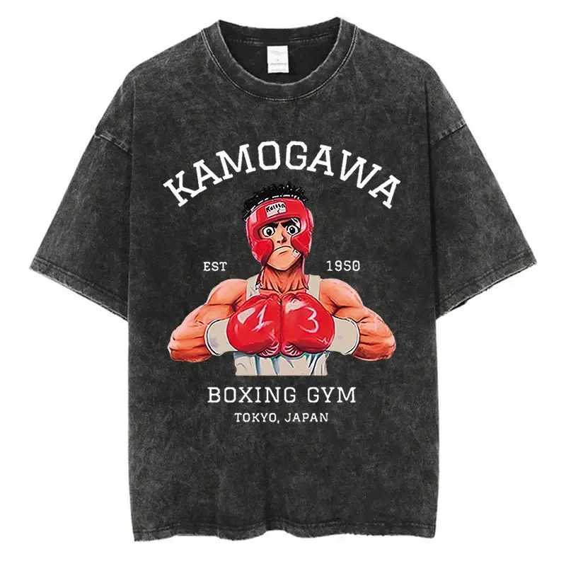 Vintage Cotton Washed T-Shirt Anime Hajime No Ippo Kamogawa Boxing Gym Loose T Shirts Men Women Y2K Hip Hop Summer Top Tee W250117