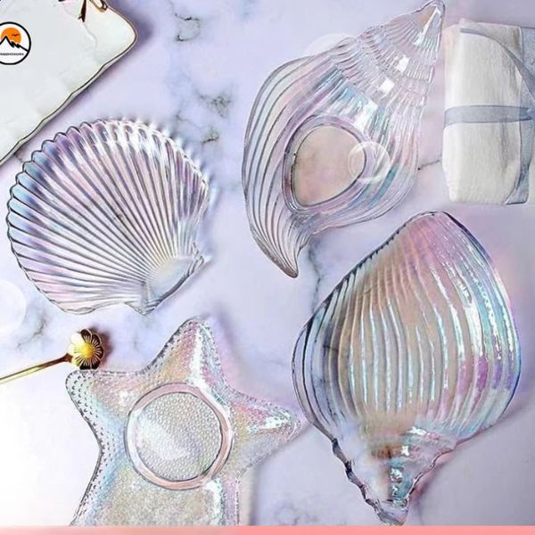 Ocean Glass Plate Irregular Meal Plate Dessert Salad Plate Dried Fruit Snack Decoration Sea Snail Sea Star Shell Plate 240731
