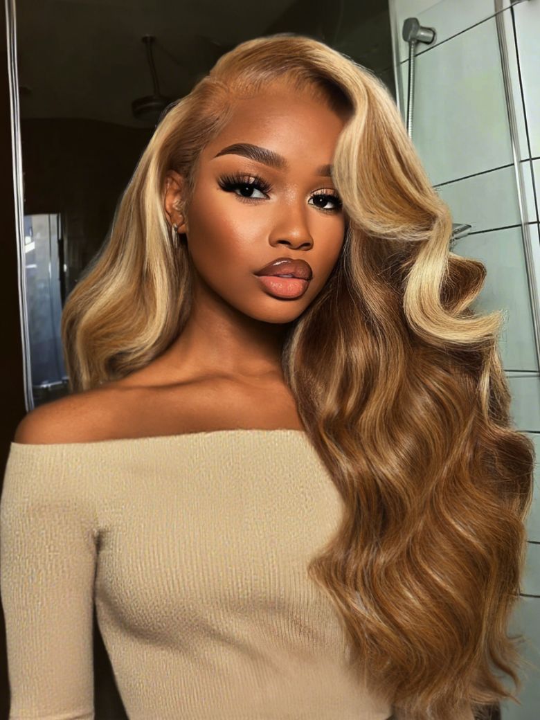 [18"=$89]13x4 Pre-Everythingâ¢ Lace Frontal Honey Blonde Highlights Fluffy Loose Wave Curtain Bangs Wig