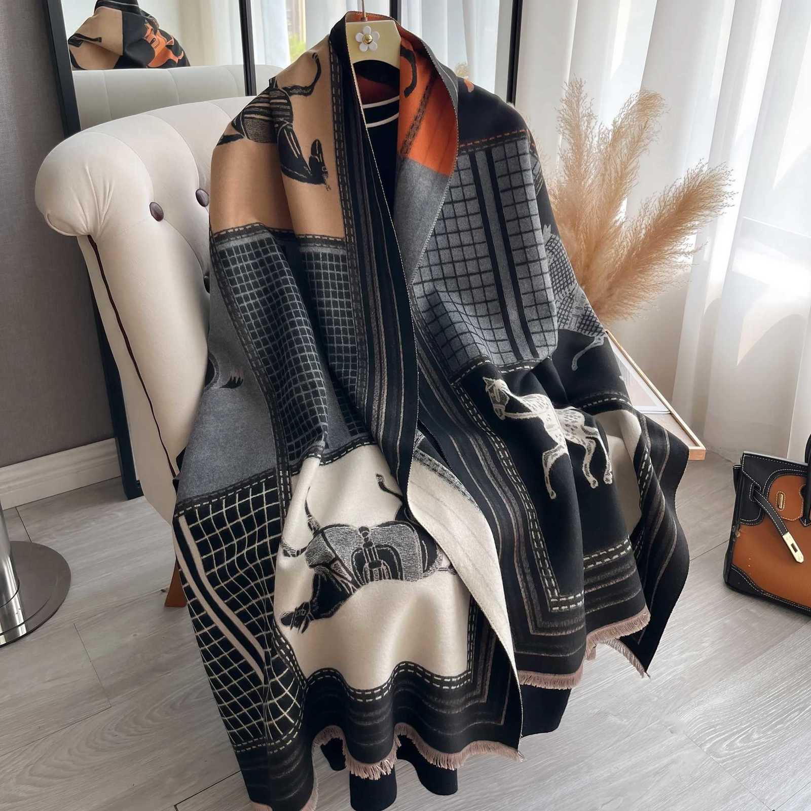 Autumn Winter Scarf Women Pashmina Shawls and Wraps Cashmere Blanket Warm Thick Stoles for Ladies Outdoor Scarf 2024 New Print G250818