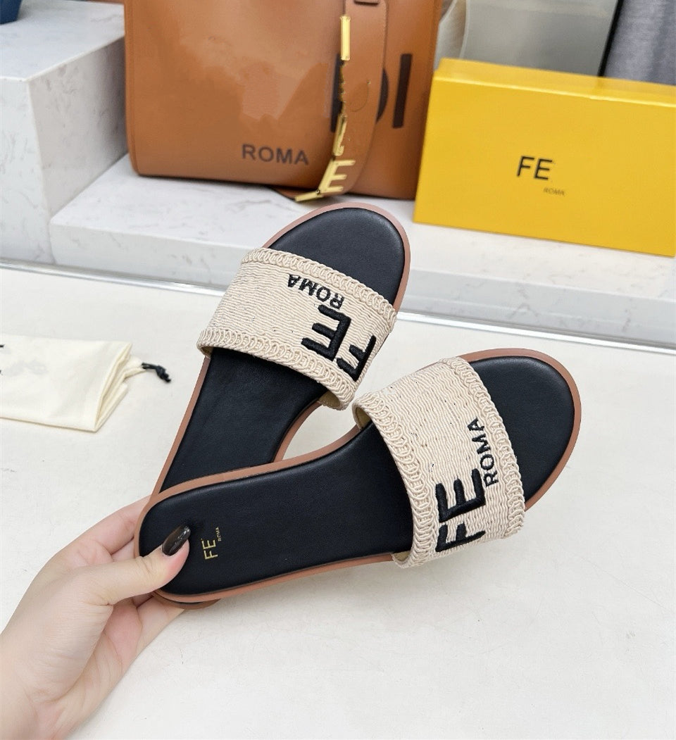 Roma Shoes Women Knitting Slippers Low Heels Genuine Leather Sewing Summer Slides Flats Luxury brands Designer sandals ff Shoes Zapatillas De Mujer