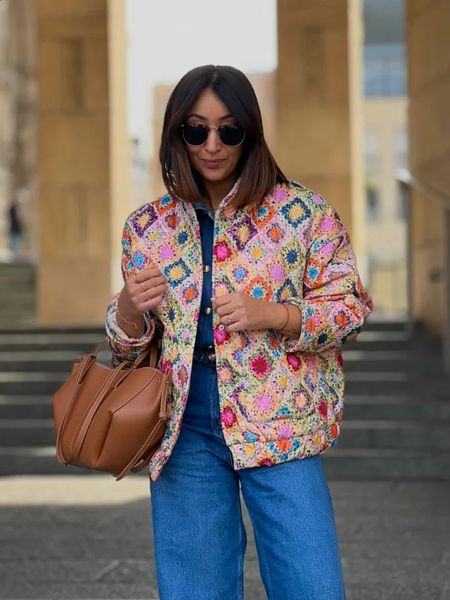 Elegant color printed single breasted down jacket womens chic stand up collar full sleeves cotton coat warm streetwear 240902