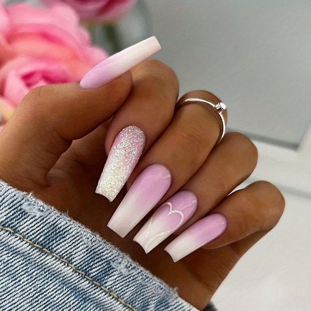 TEMU 24pcs Glossy Long Coffin Fake Nails Gradient Pink And White French Style False Nail With Heart Pattern Glitter Reusable Press On Nails