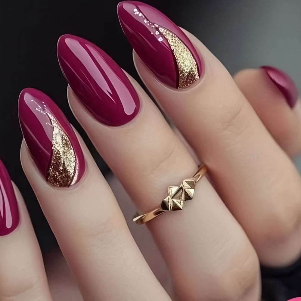 TEMU A Set Of 24 -shaped False Nails Elegant Purple And Golden Color Scheme, Featuring Shiny Golden Lines And A Glossy Finish, Women And Girls In The