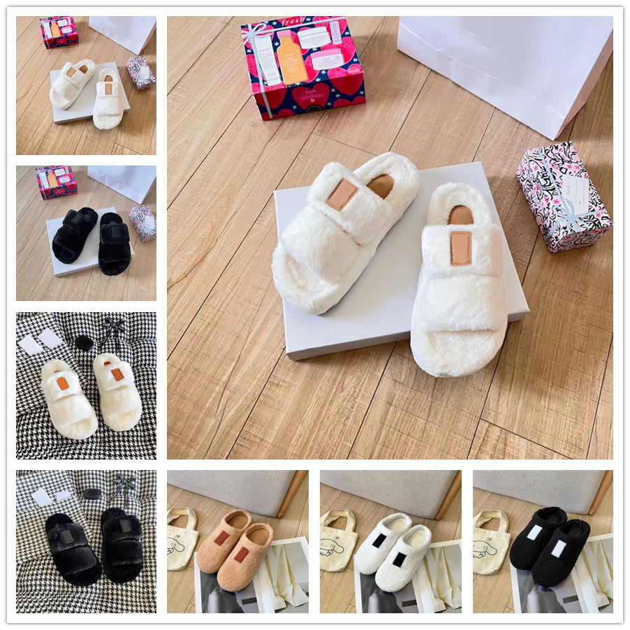 2025 Luxury Furry Slippers Men Women Designer Sandals Flat Slides Lady Fashion Fur Fluffy Letters Black White Brown Khaki Spring Winter Keep Warm Fl