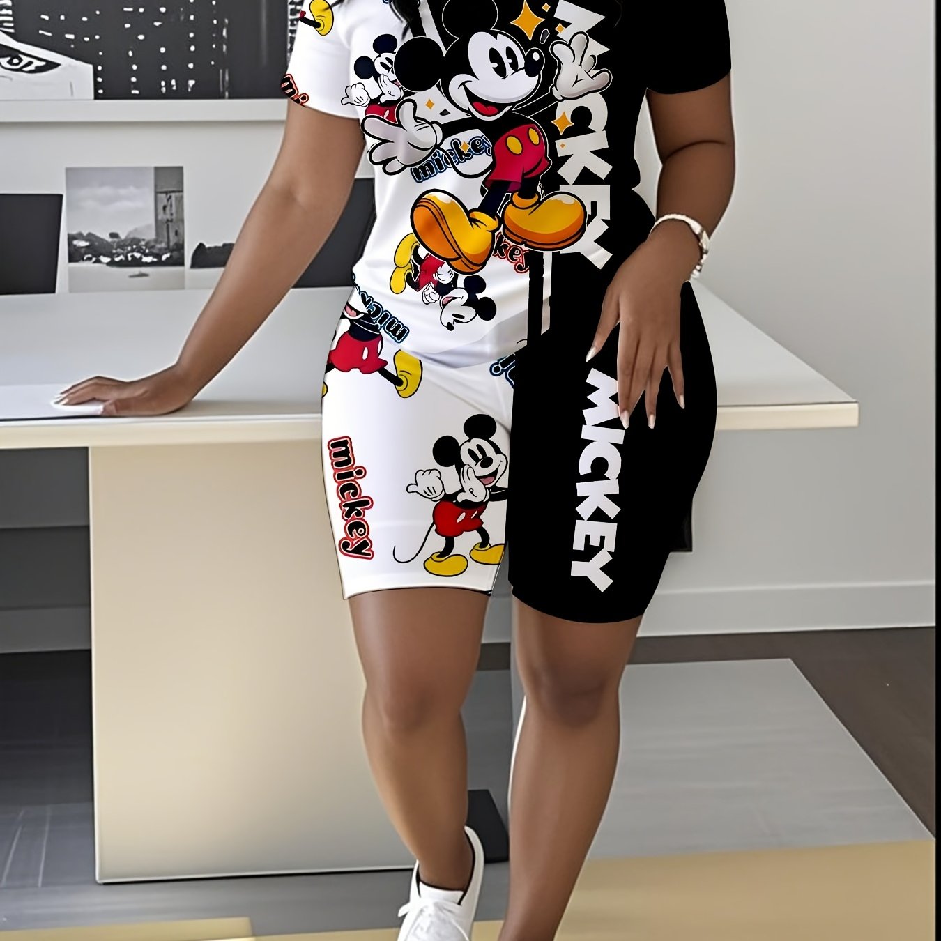 TEMU 2pcs Women's Mouse Summer Short Sleeve Set- Licensed Cartoon Design, 3d Printed Short Sleeve T-shirt & Shorts Comfortable Great For Outdoors &