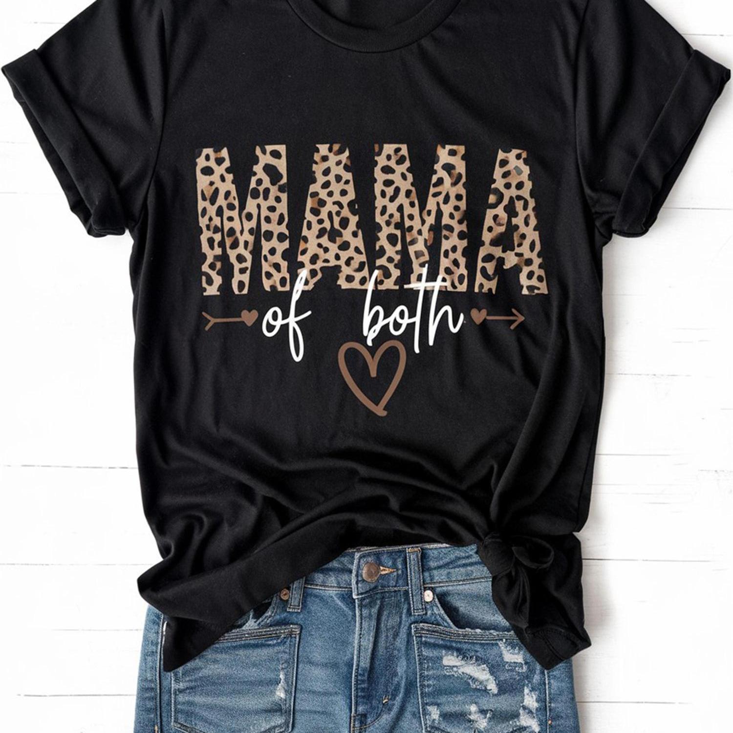 TEMU Women's "mama Of " T-shirt - Black With Leopard Print, Breathable Round Neck, Comfortable Summer Wear, Comfortable Nursing Top| Graphic