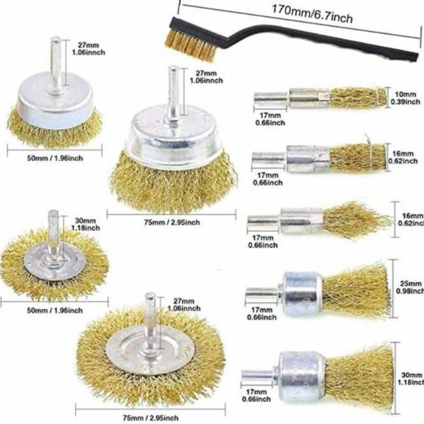 Brushes 10pcs-set Brass Wire Wheels Drill Rotary Tools Engraver Grinder Polishing Metal Rust Removal Set 230414