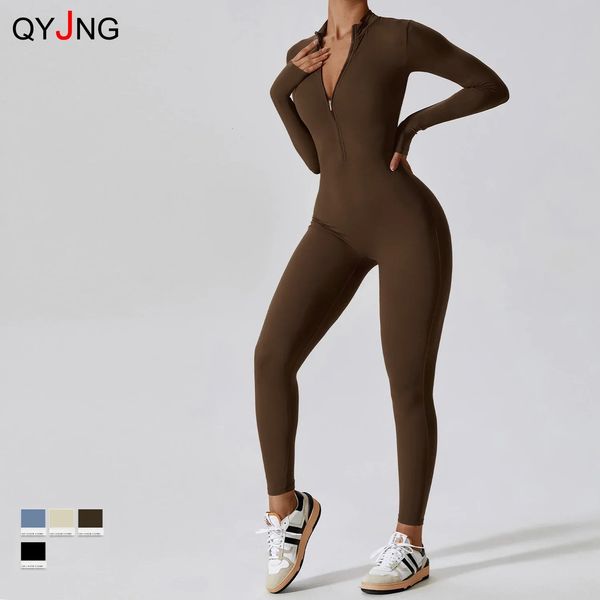 Fashion Zipper Long Sleeve Fitness Overalls Women Sportswear Quickdry Gym Yoga Jumpsuit Black Sport Set One Piece Outfit 250210