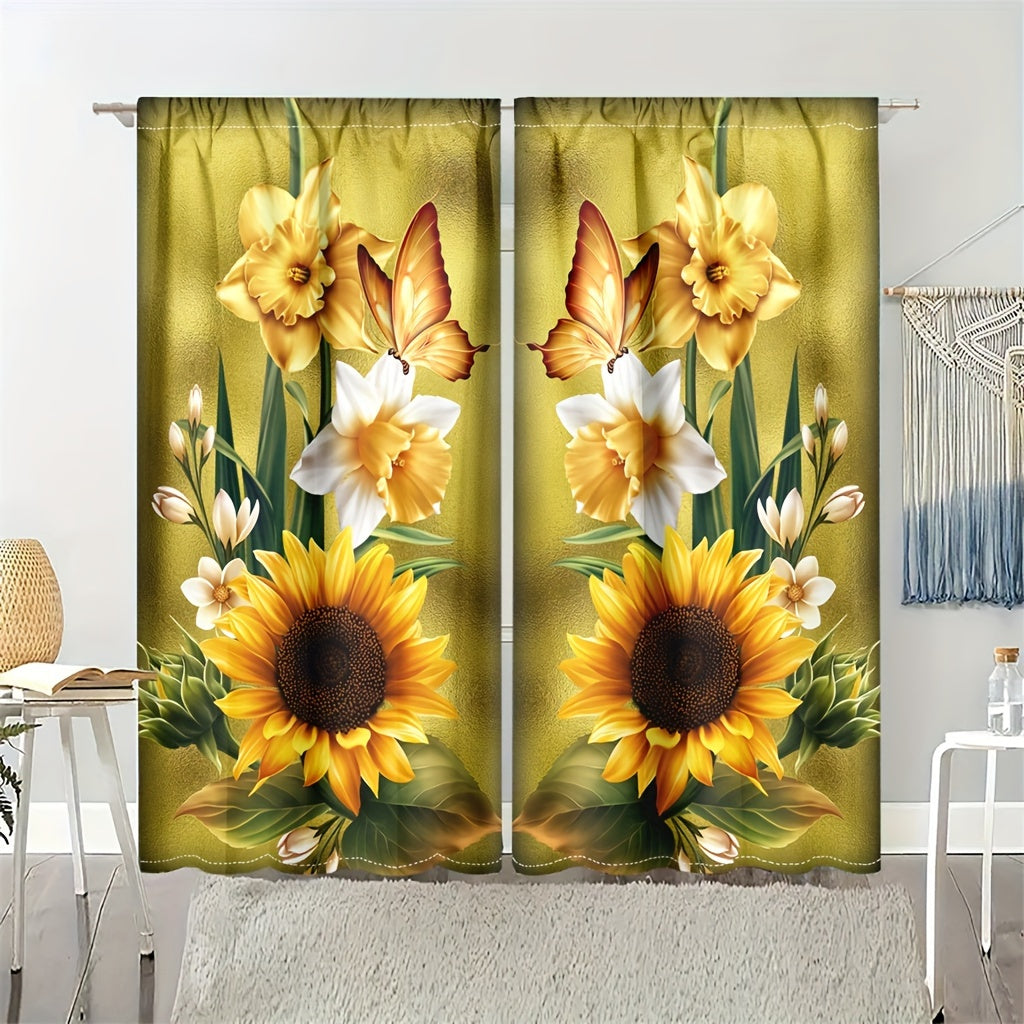 TEMU 2pcs Beautiful Sunflower Curtains, Plant Green Leaf Floral Sunshade Curtains, Curtains, Vintage Style Plant Floral Curtains, Living Room,