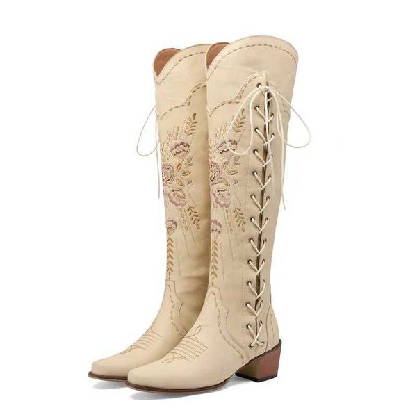 Ethnic Bohemian Flower Embroidery Over-the-knee Women Shoes Western Cowboy Chunky High Heels Side Lace-up Overknees Long Bootsz241108