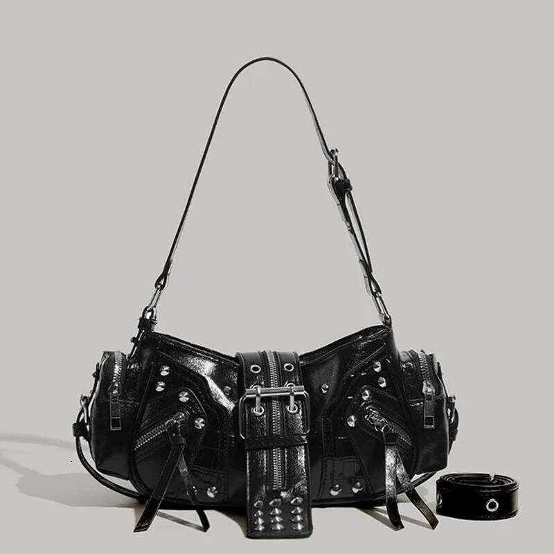 Designer Bag Biker Punk Rivet Belt Motorcycle Shoulder Armpit Retro Black Bag Women S Oblique Fashion Cool Tide Handbag C