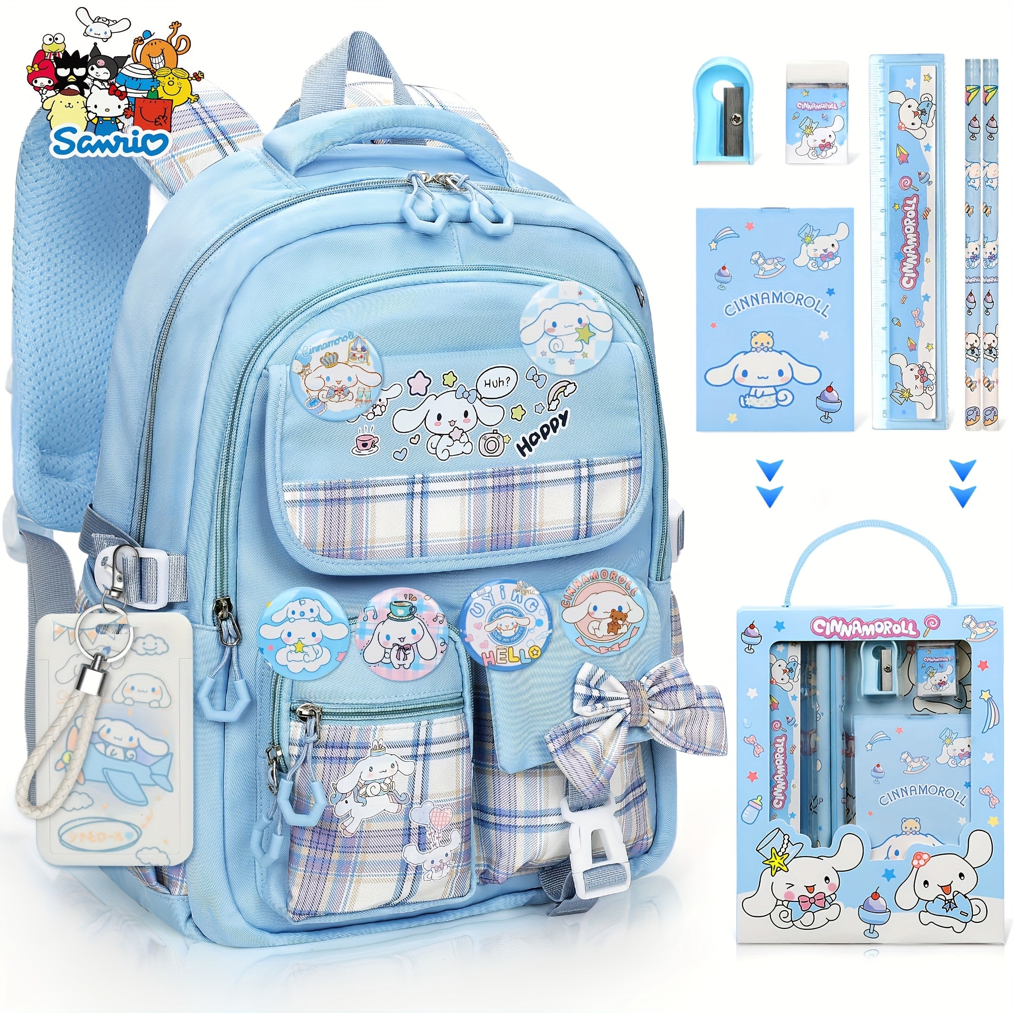 TEMU Back To School Supply Cinnamoroll Backpack Blue Backpack With Stationery Set Card Holder And 6 Pin Backpack Adjustable Straps Large Capacity