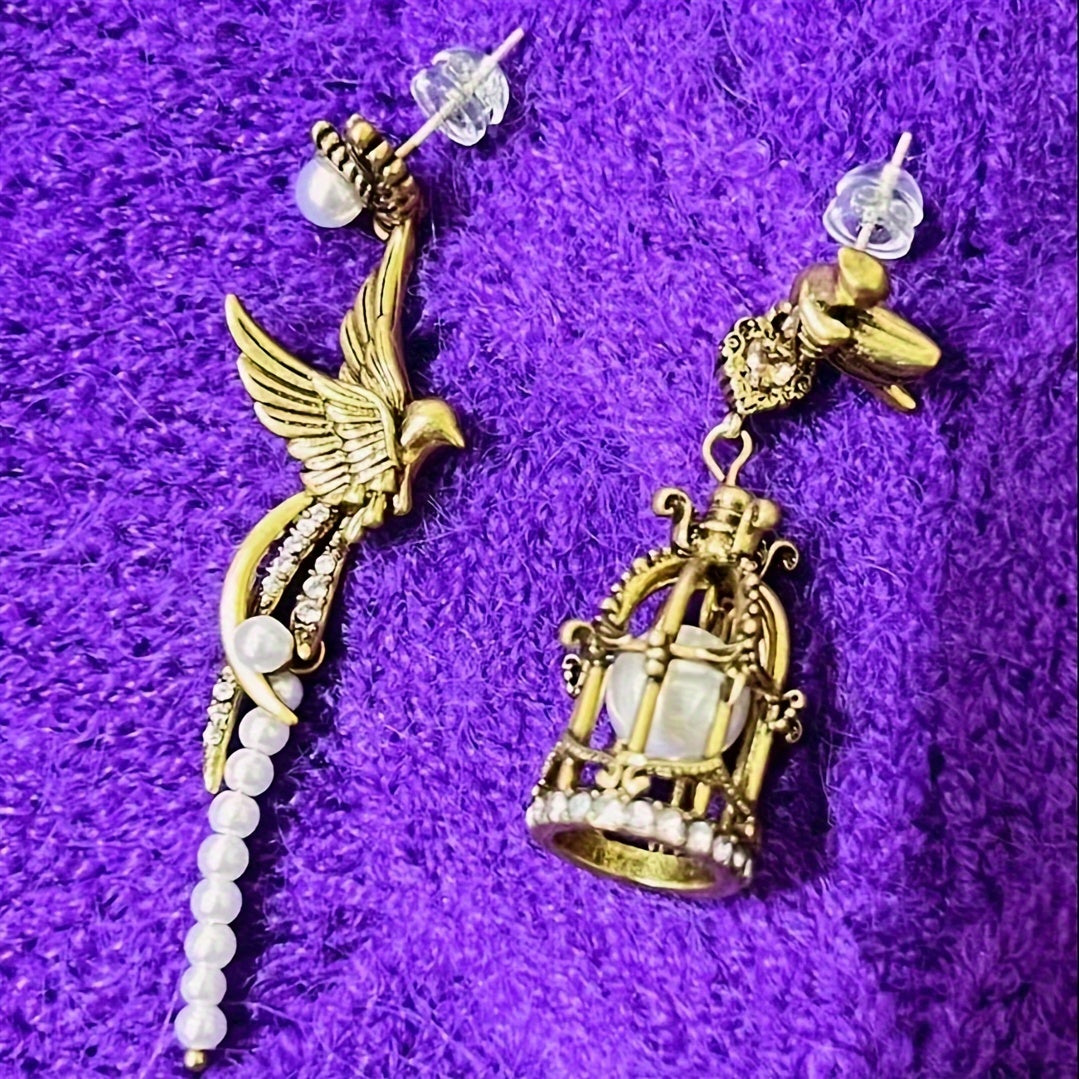 TEMU Asymmetrical Vintage Birdcage Earrings, Elegant Retro Style With Bird And Pearl Accents, Fashionable Jewelry For