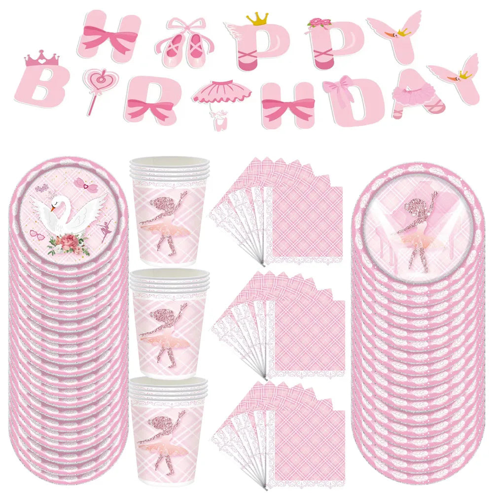 New Pink Swan Ballet Theme Party Disposable Tableware Paper Plates Napkins Princess Girls Happy Birthday Party Decor