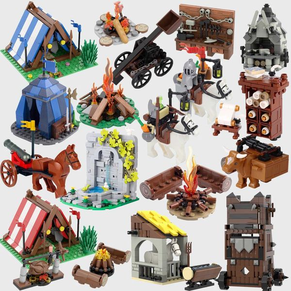 MOC Medieval Castle Building Blocks kit Accessories Siege Weapons Tent Bonfire Smithy carriage Furniture view Bricks Toys GiftsC250210