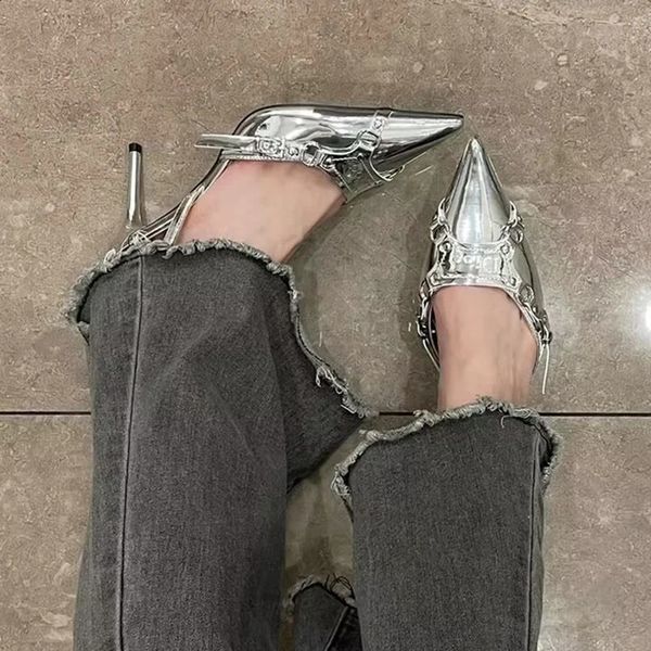 Y2K silver high-heeled sandals for womens summer punk gothic toe party shoes for womens metal thin high-heeled dress pump for women 241116