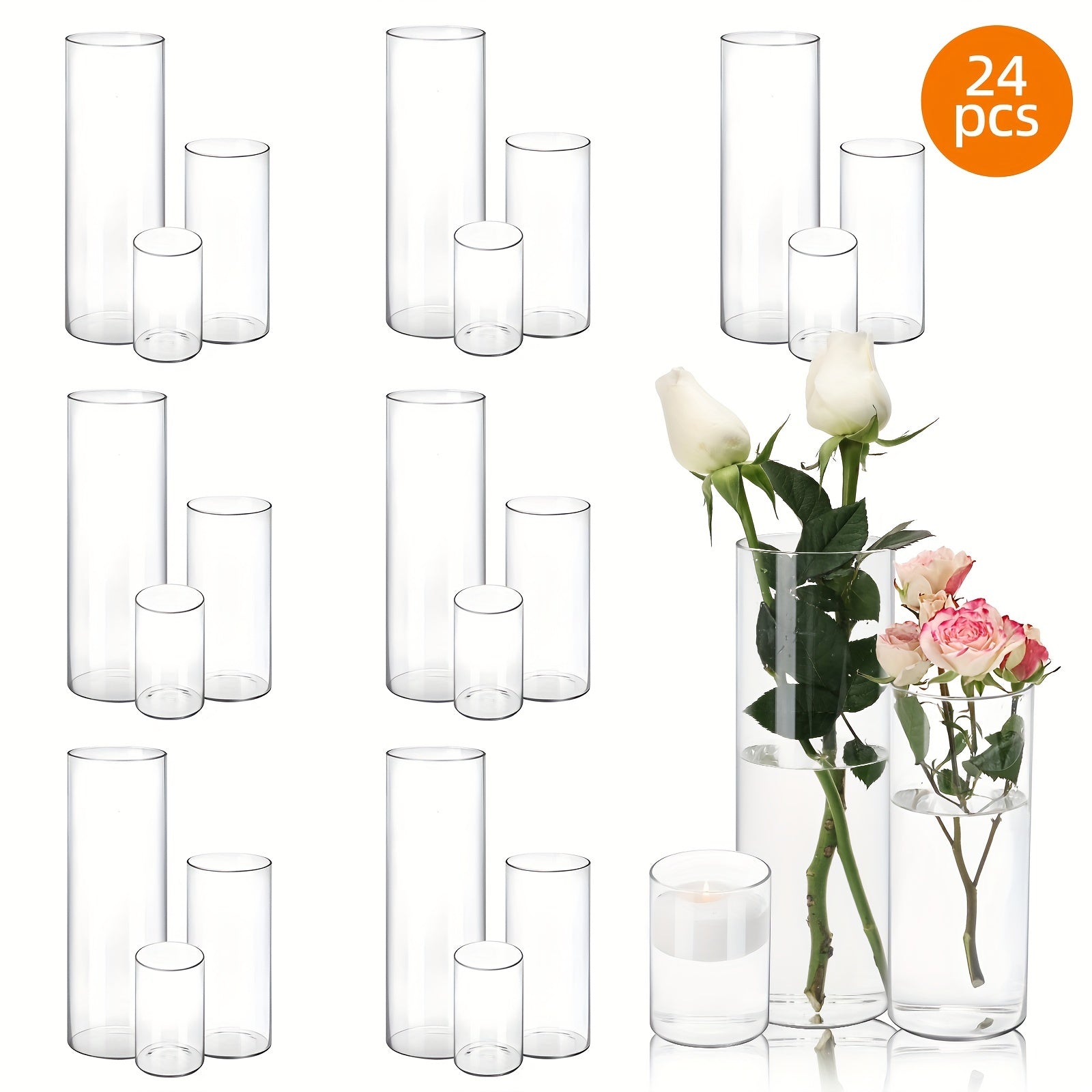 TEMU Tomnk 18-24pcs Clear Glass Cylinder Vases, 4, 8, 12 Inch Tall Cylinder Vases For Centerpieces, Glass Flower Vase, Hurricane Floating Candle