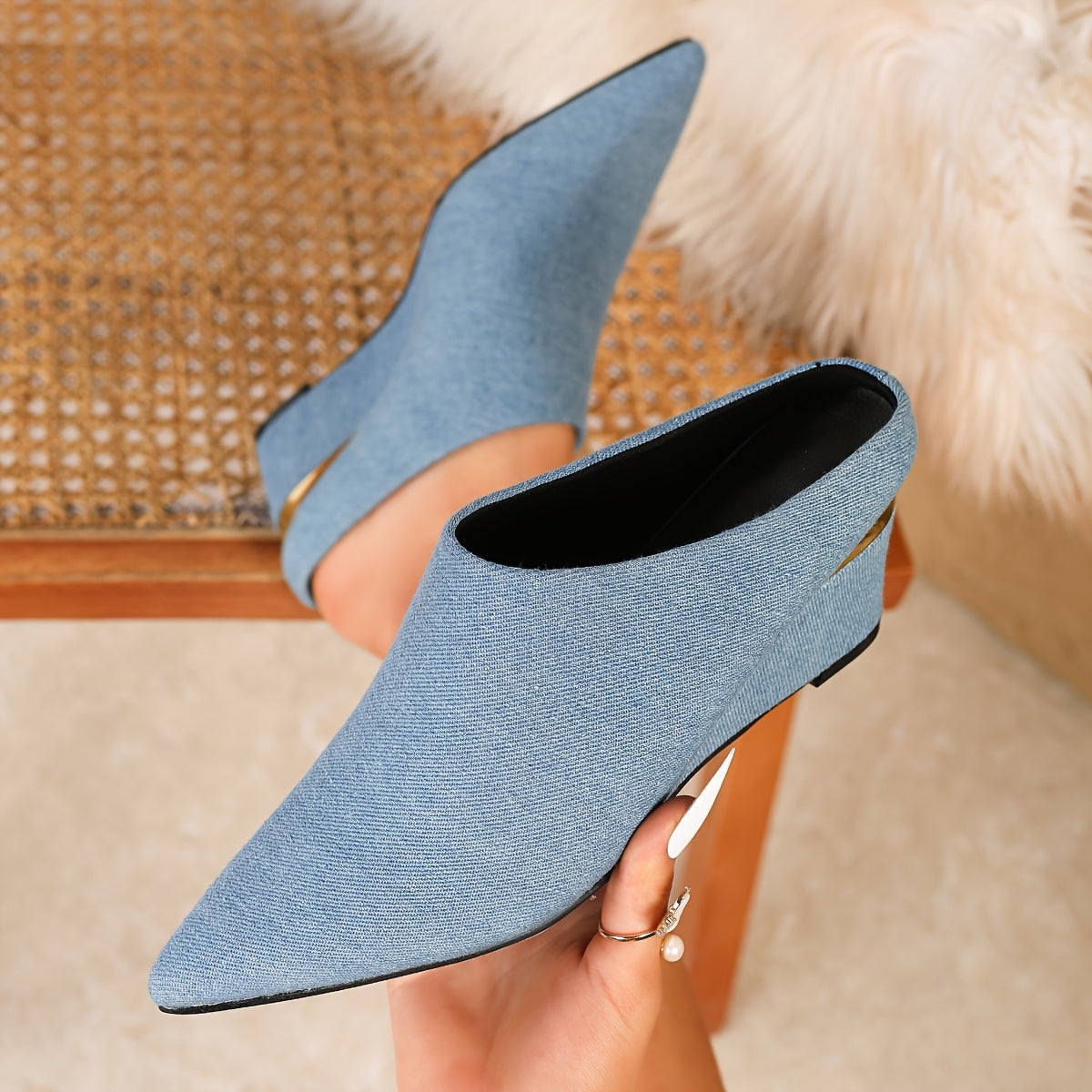 TEMU 1 Pair Of Denim Wedge Shoes, Wedge Sandals, One-foot Pedals, Four-, Blue Denim, Western Denim Shoes, Solid Color Versatile Shoes, Casual