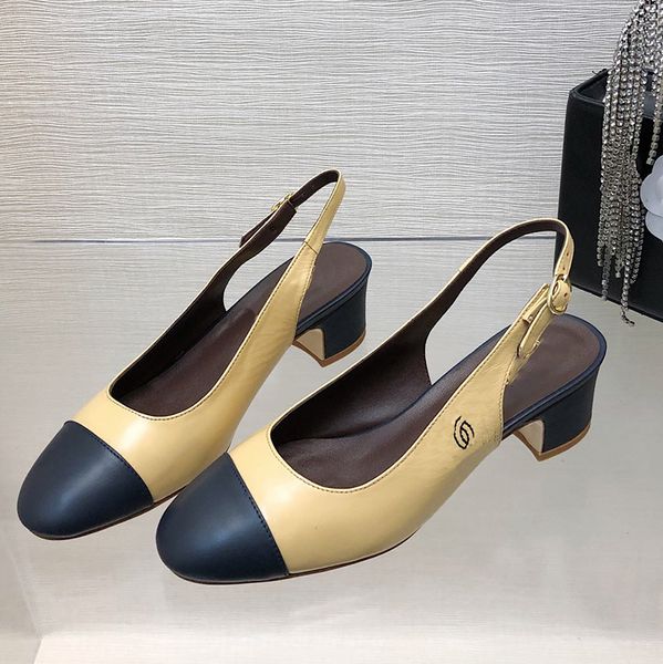 Designer Slingbacks Kitten Heel Womens Dress Shoes Lambskin Pumps Square Toes Sandals Classic Patchwork Metal Adjustable Ankle Buckle Cowhid