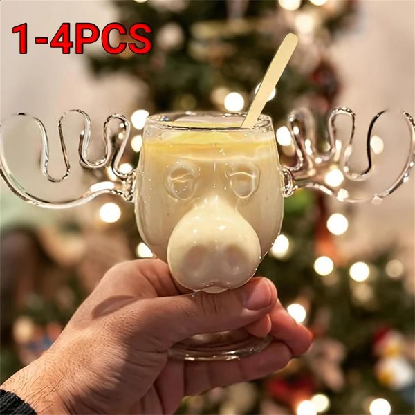 1-2pc Christmas Creative Glass Cup Elk Cute Reindeer Cup Antler Wine Beer Water Juice Milk Glasses Xmas S Cups Year Gifts 241231