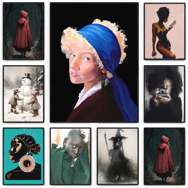 1 piece unframed painting print,elegant witch and broom art, halloween art, halloween gifts,creative waterproof canvas poster, bedroom