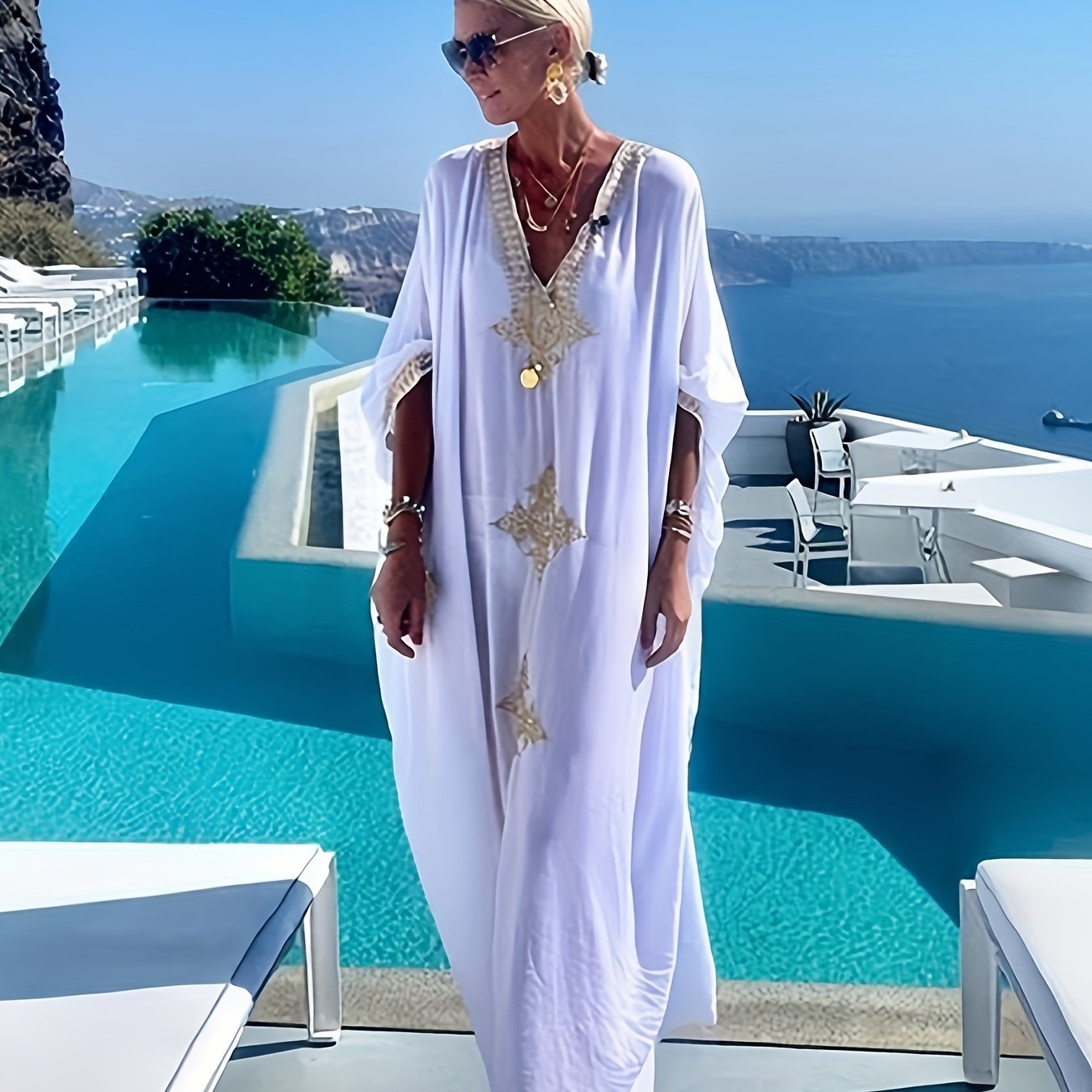 TEMU European And American Women's Clothing, Golden Embroidery, Loose Oversized Robe, Beach Vacation Beach Coat, Sun Protection Long Skirt, Bikini