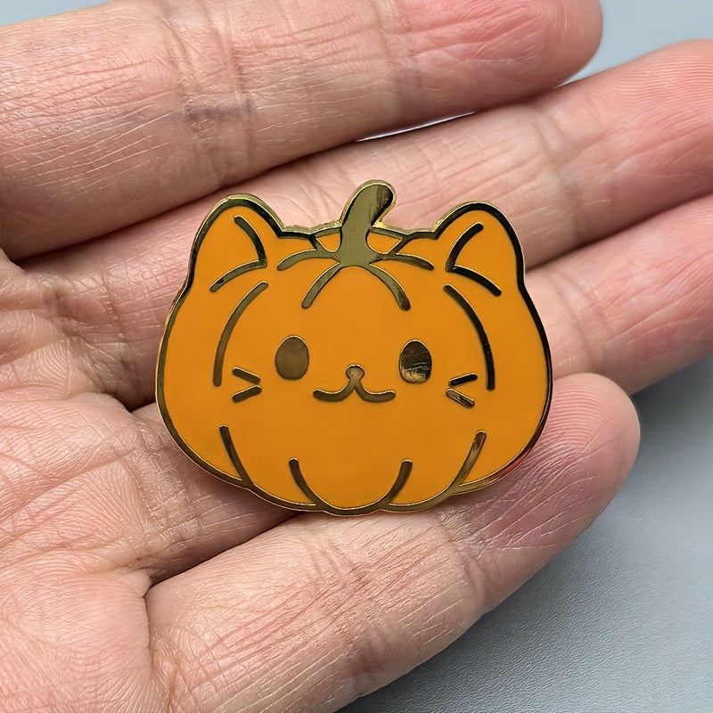 TEMU Adorable Cat Pumpkin Enamel Pin - Cute Cartoon Design With Black & White Striped Hat, Striped Jacket, Halloween, Backpacks, Jackets, And Gifts,