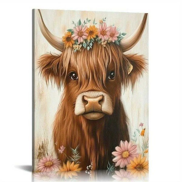 Home&gt;Products&gt;Modern Canvas Decorative Paintings&gt;Spring Flower Highland Cow White Background Living Room Bedroom Office Wall Decora