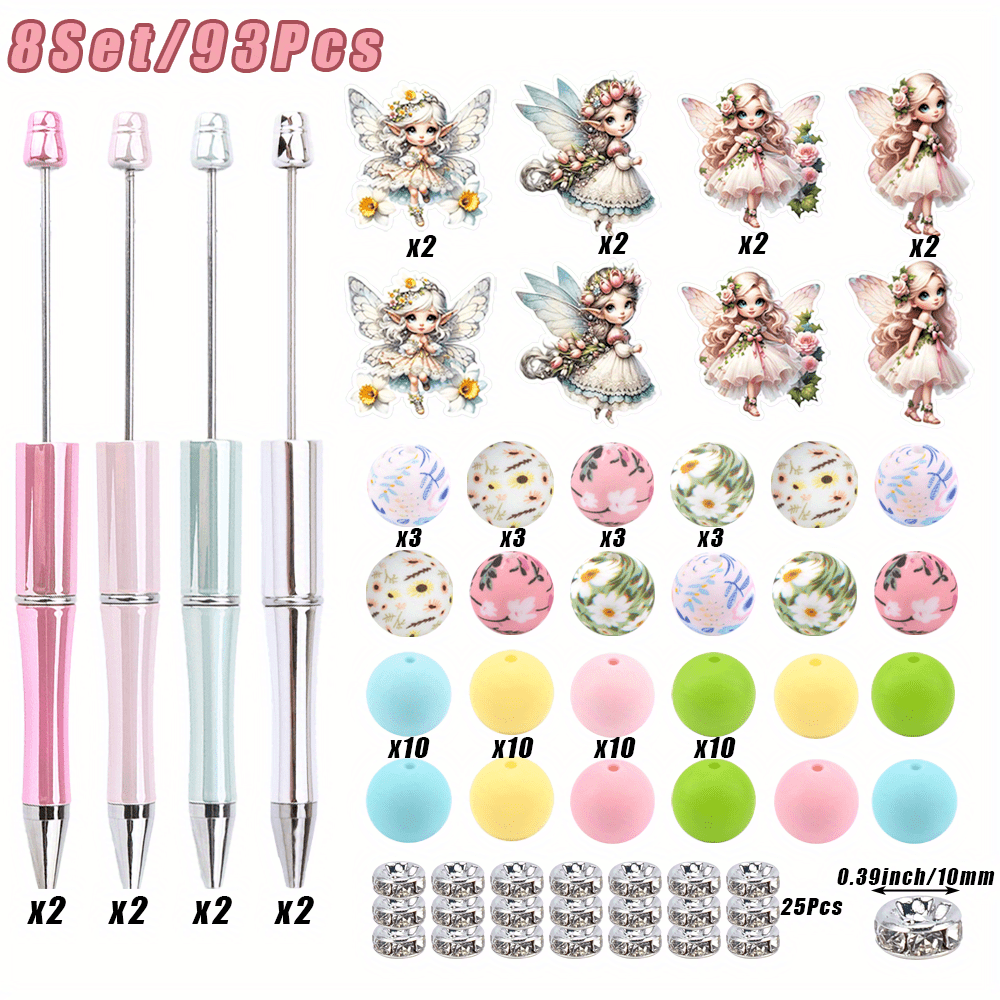 TEMU 93pcs Flower Fairy Elf Element Bead Pen Set, 8 Plastic Bead Pens With , 1mm Ballpoint Pen Diy Craft Kit, Silicone Charm With Office And Writing